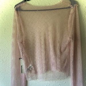Mesh Rhinestone Top for Women Fishnet Mesh Long Sleeve Net Shirt Sparkly Color:P